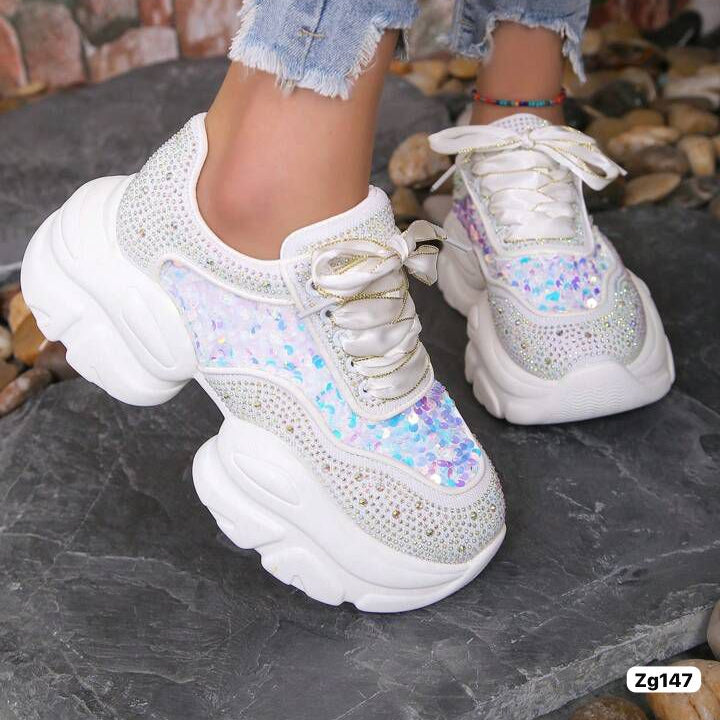 Tenis blanco apliques lentejuelas tornasol suela 5cm X-49 C-3